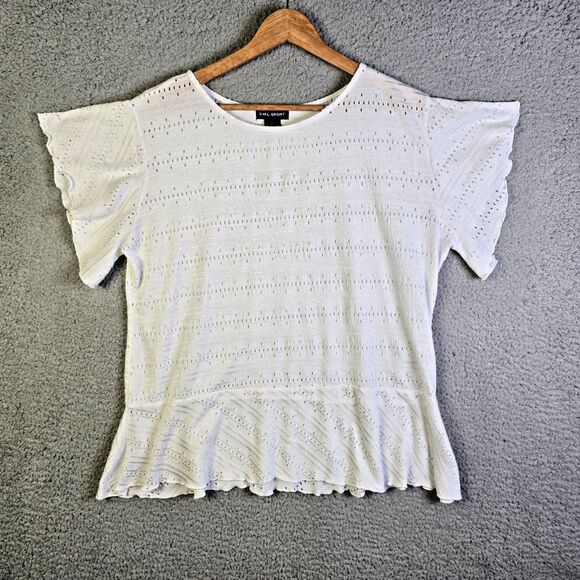 SML Sport Large White Eyelet Knit Ruffle Peplum Flutter Sleeve Summer Top Shirt - Picture 1 of 8